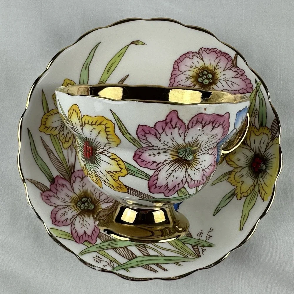 Rosina Bone China Teacup Saucer Set Gold Gilt Floral Cottagecore Grandmillennial